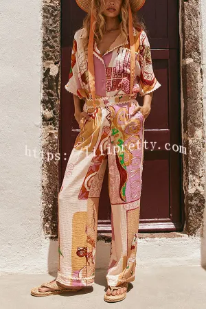 Tia Linen Blend Ric Rac Trims Unique Print Tank   Shirt   Pocketed Pants Set £¨3pieces£©