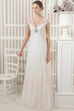 Tulle Cap-sleeve Ruched Empire Wedding Dress With Low-V Back And Sweep Train-MK_700620