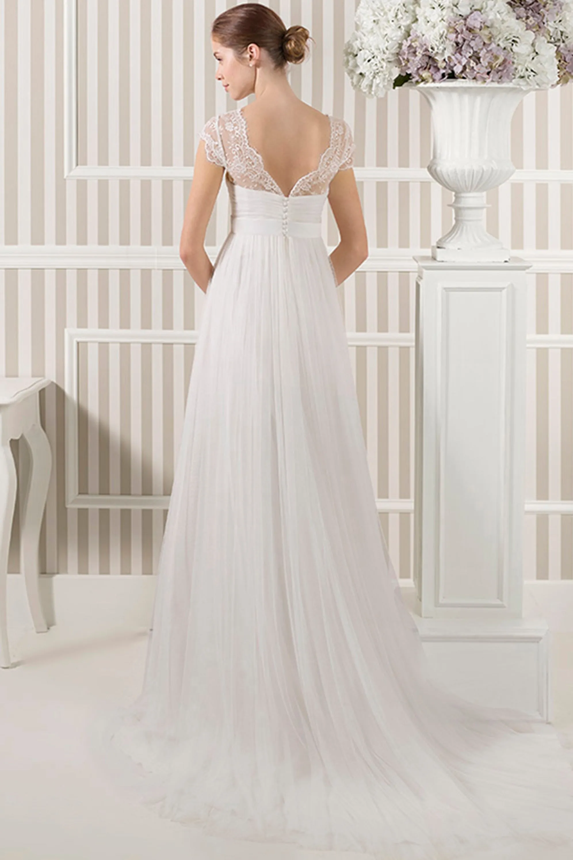 Tulle Cap-sleeve Ruched Empire Wedding Dress With Low-V Back And Sweep Train-MK_700620