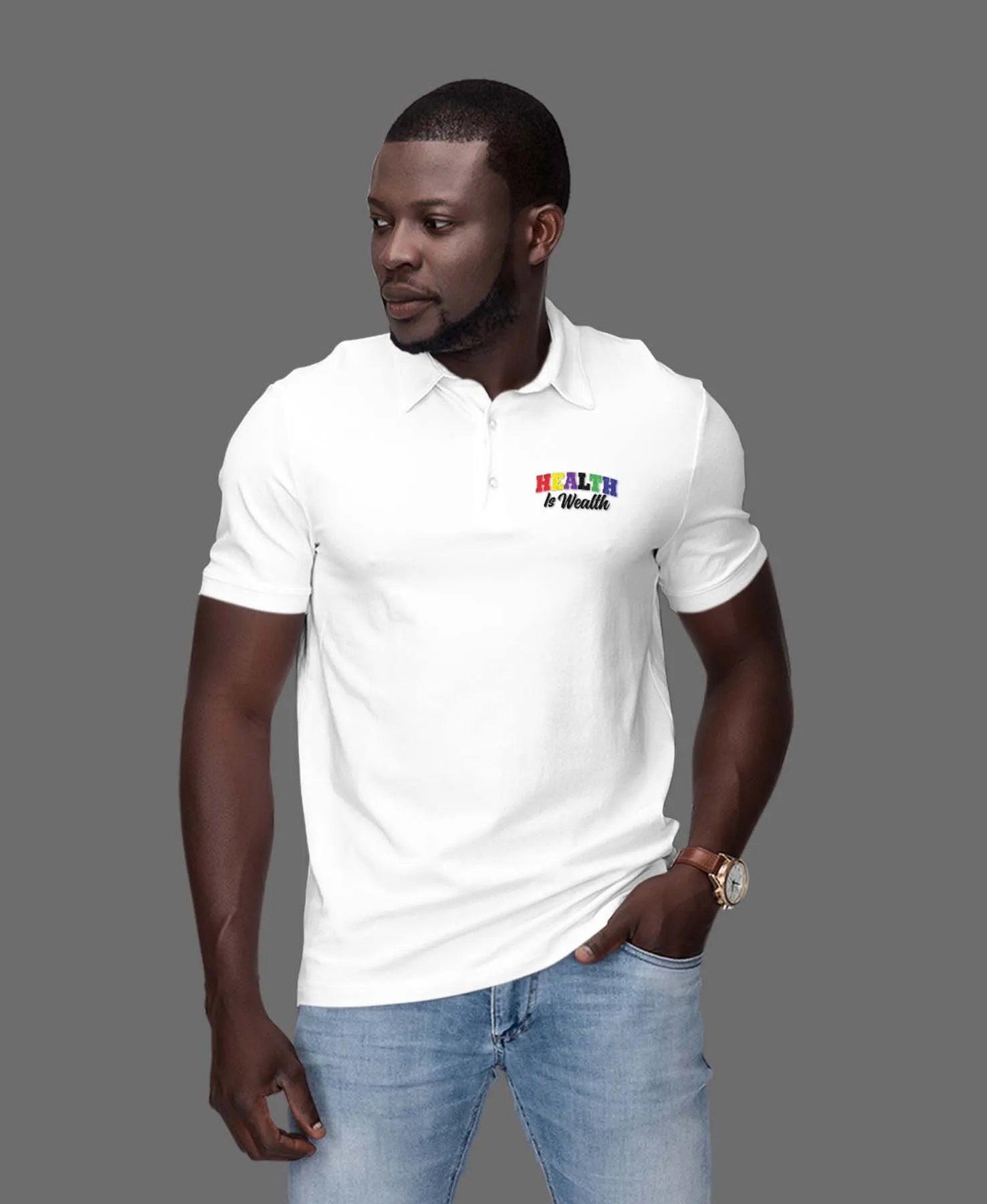 Unisex Health Is Wealth College Letter Polo Shirt