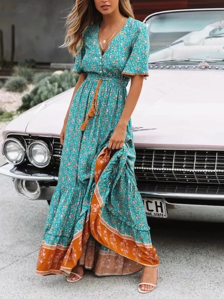 V Neck Bandage Summer Maxi Dress High Waist Holiday Robe Short Sleeve Loose Slit Dresses for Women Bohemian Beach Wear