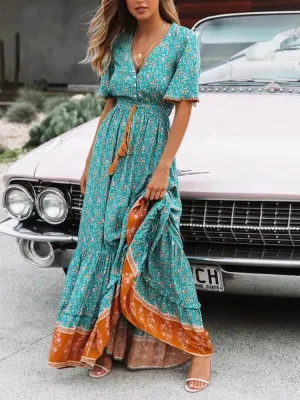 V Neck Bandage Summer Maxi Dress High Waist Holiday Robe Short Sleeve Loose Slit Dresses for Women Bohemian Beach Wear