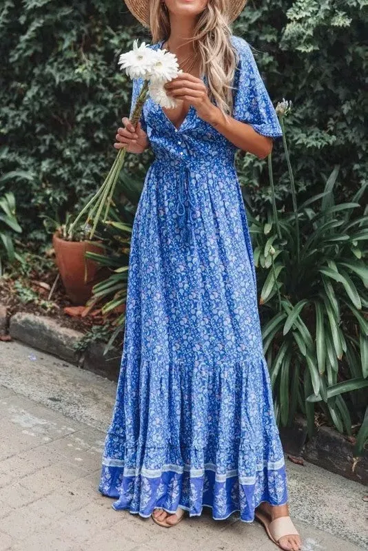 V Neck Bandage Summer Maxi Dress High Waist Holiday Robe Short Sleeve Loose Slit Dresses for Women Bohemian Beach Wear