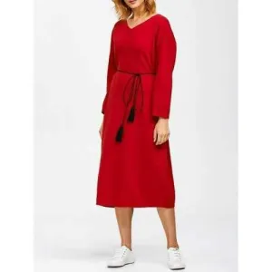 V Neck Shift Midi Jumper Dress - Red One Size