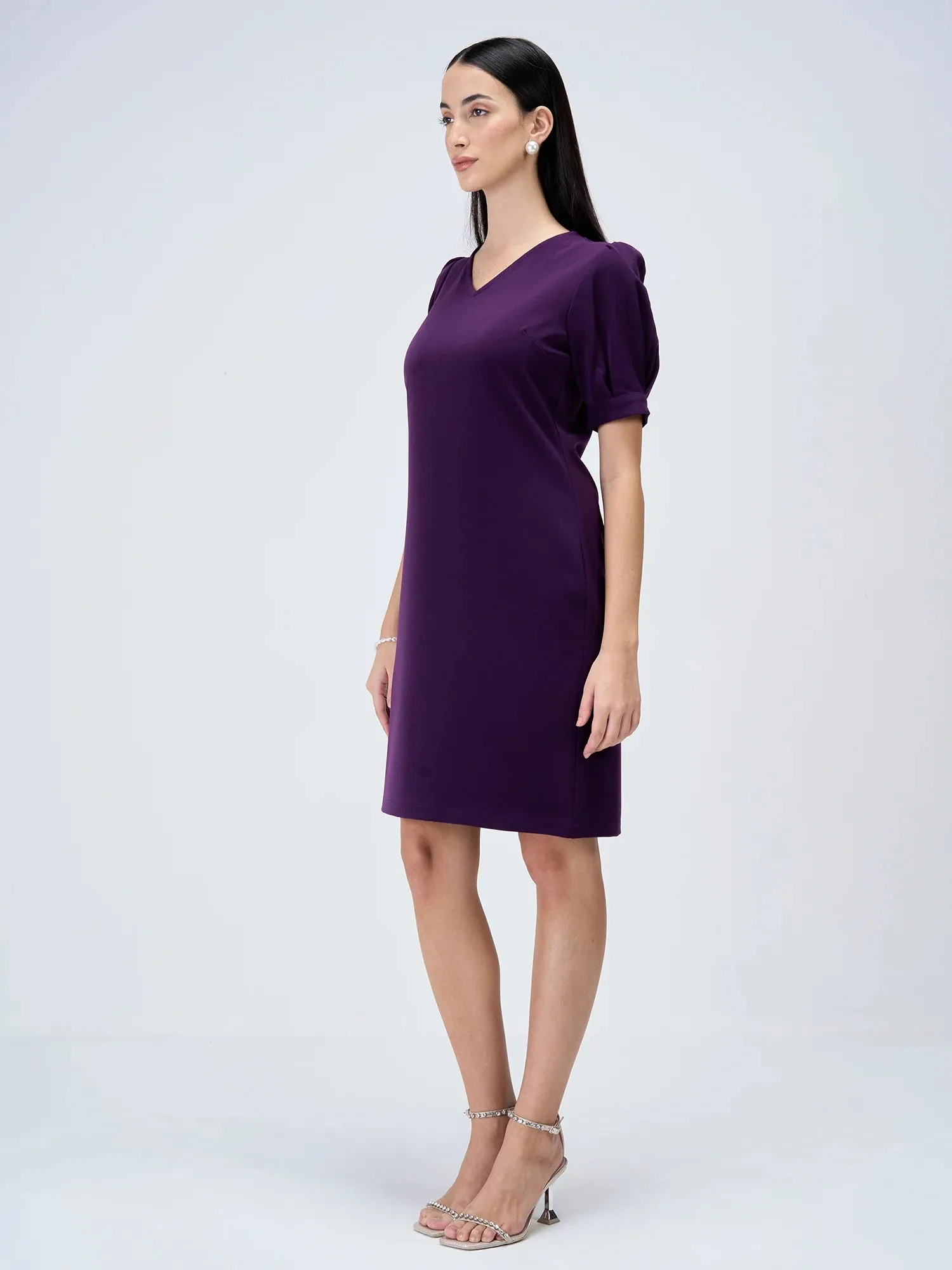 Valiant Balloon Sleeves Shift Dress-Purple