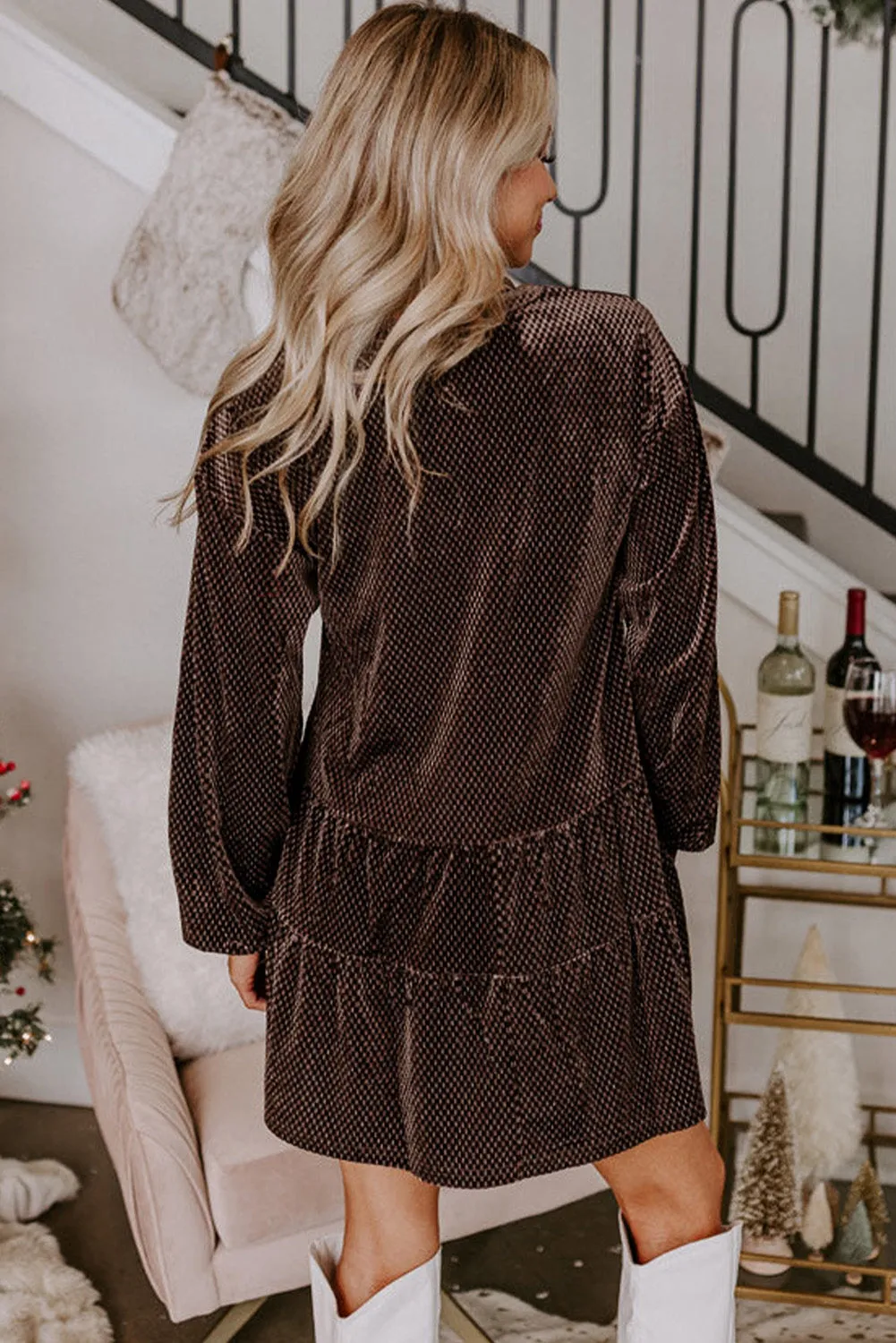 Velvet Shift Dress with V Neck and Geometric Print