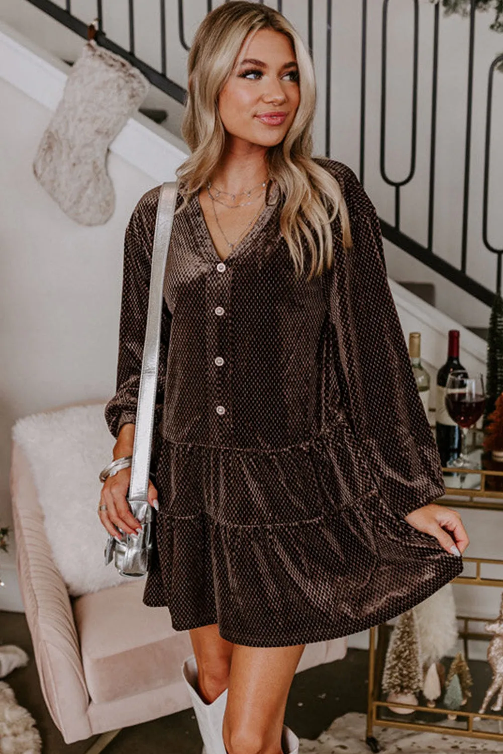 Velvet Shift Dress with V Neck and Geometric Print