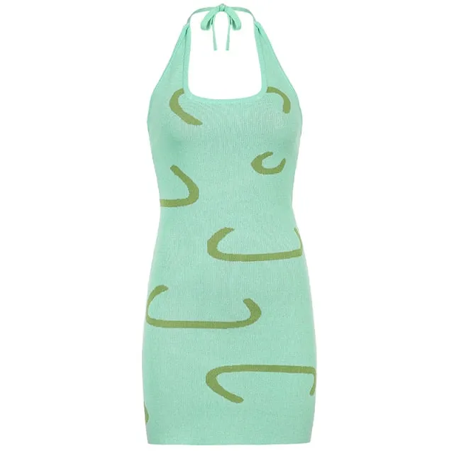 Vintage Backless Knitted Dress Floral Print Halter