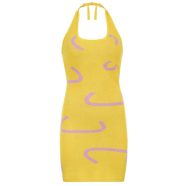 Vintage Backless Knitted Dress Floral Print Halter