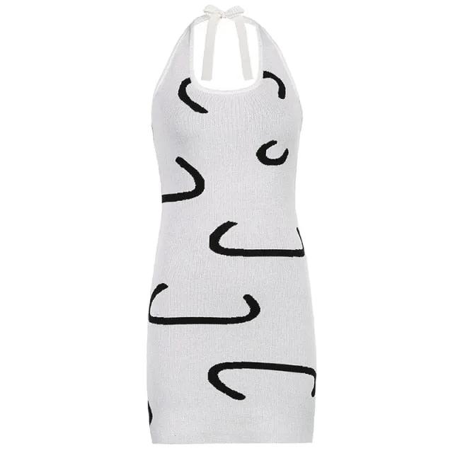 Vintage Backless Knitted Dress Floral Print Halter