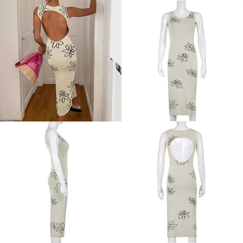Vintage Backless Knitted Dress Floral Print Halter