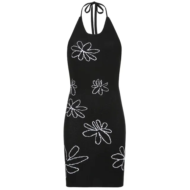 Vintage Backless Knitted Dress Floral Print Halter
