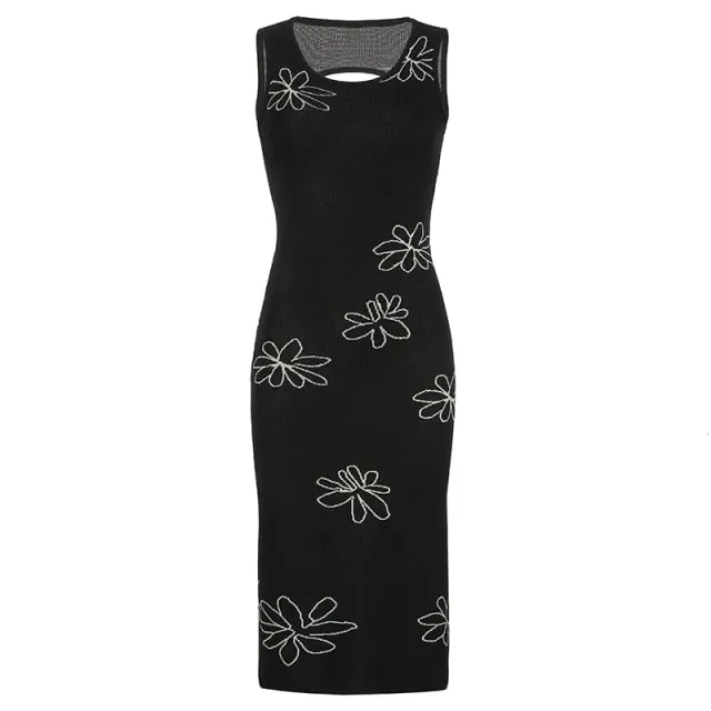 Vintage Backless Knitted Dress Floral Print Halter