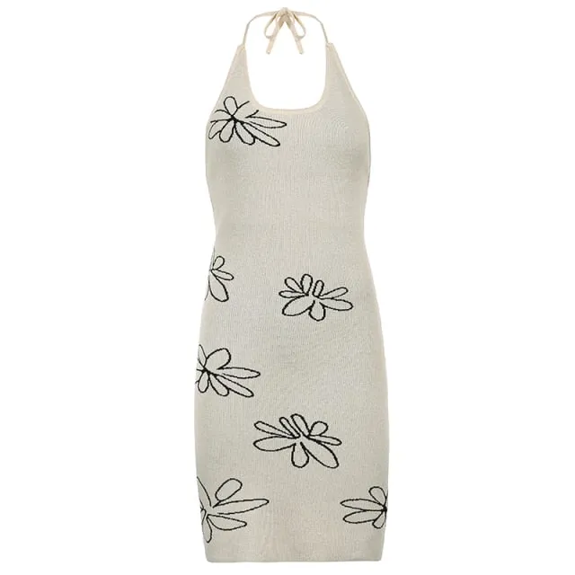 Vintage Backless Knitted Dress Floral Print Halter