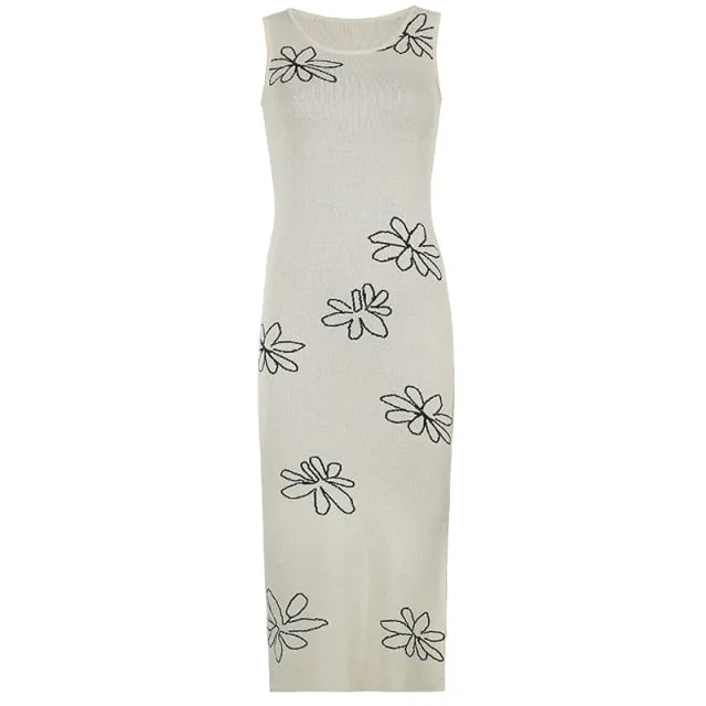 Vintage Backless Knitted Dress Floral Print Halter