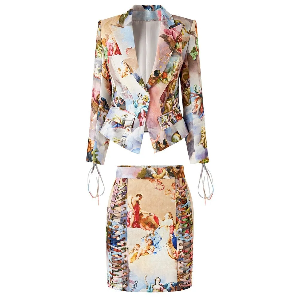 Vintage Design Linen and Cotton2 PCS Skirt Blazer Set