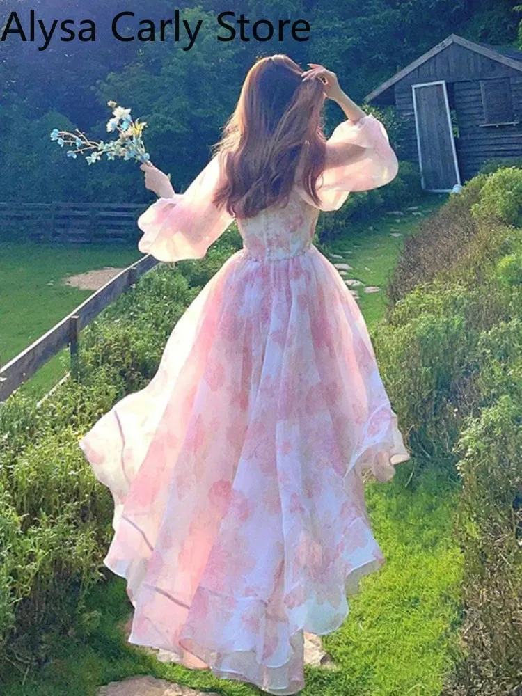 Vintage Floral Print Midi Dress Irregular Hem Elegant Puff Sleeve Fairy Dress Autumn Spring Chic Party Dress