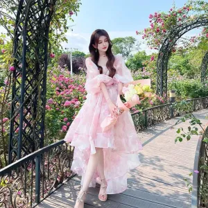 Vintage Floral Print Midi Dress Irregular Hem Elegant Puff Sleeve Fairy Dress Autumn Spring Chic Party Dress