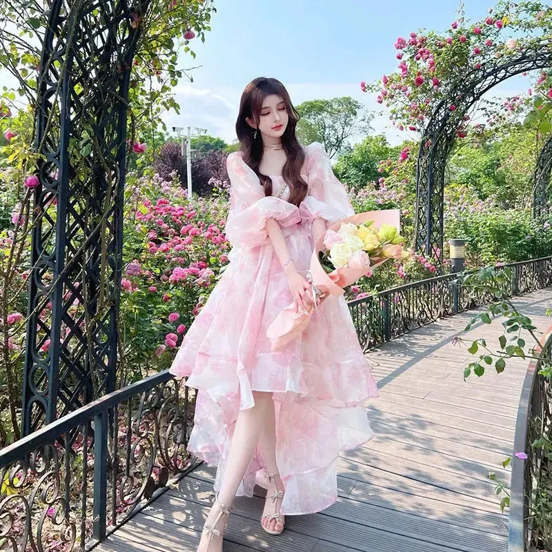 Vintage Floral Print Midi Dress Irregular Hem Elegant Puff Sleeve Fairy Dress Autumn Spring Chic Party Dress