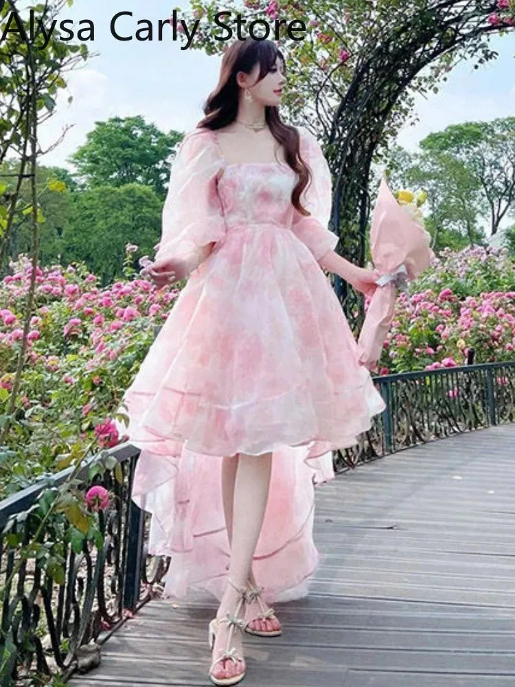 Vintage Floral Print Midi Dress Irregular Hem Elegant Puff Sleeve Fairy Dress Autumn Spring Chic Party Dress