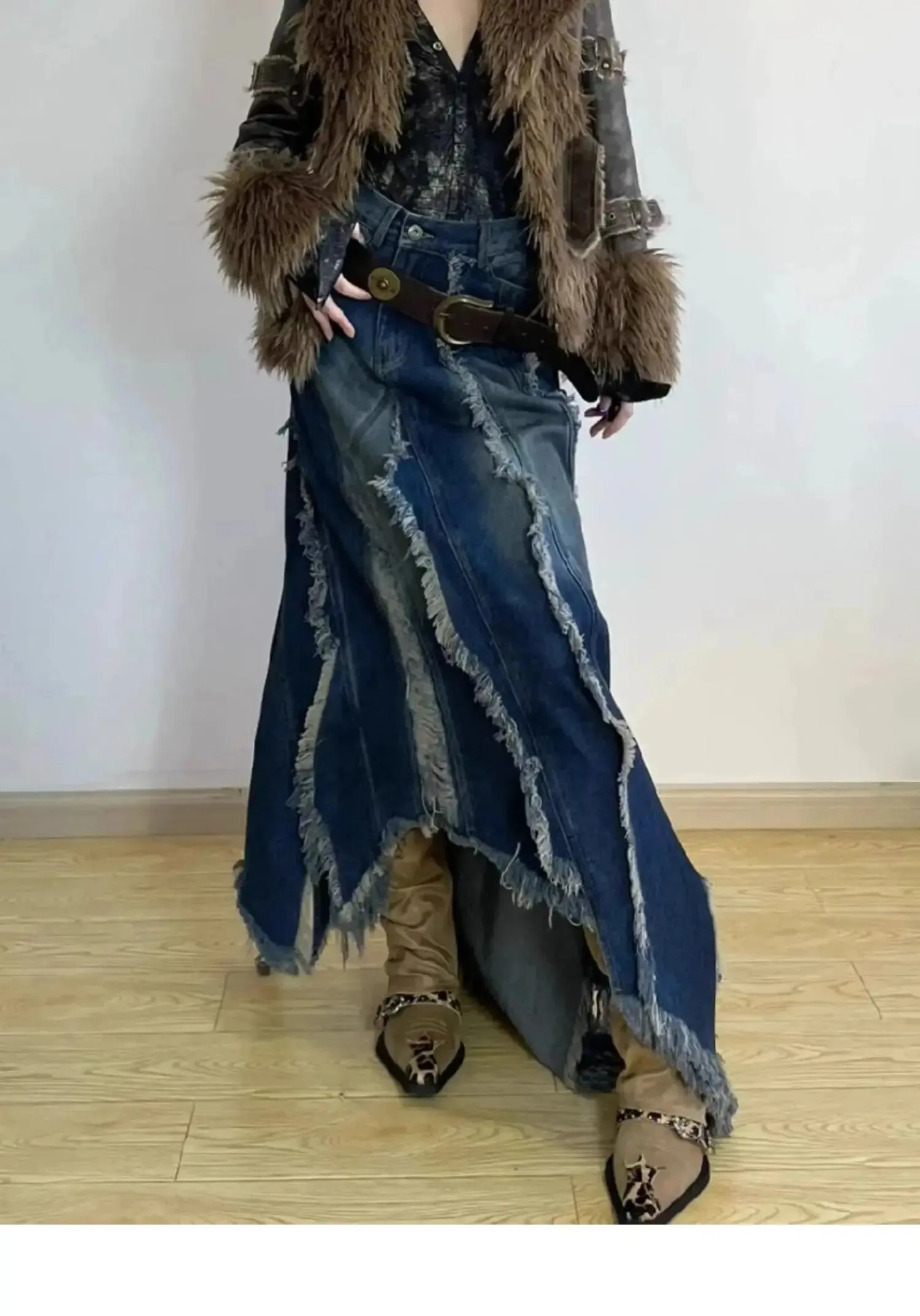 Vintage Gradient Distress Seams Denim Skirt