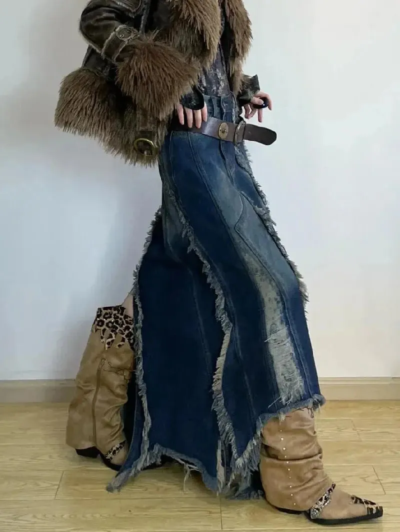 Vintage Gradient Distress Seams Denim Skirt