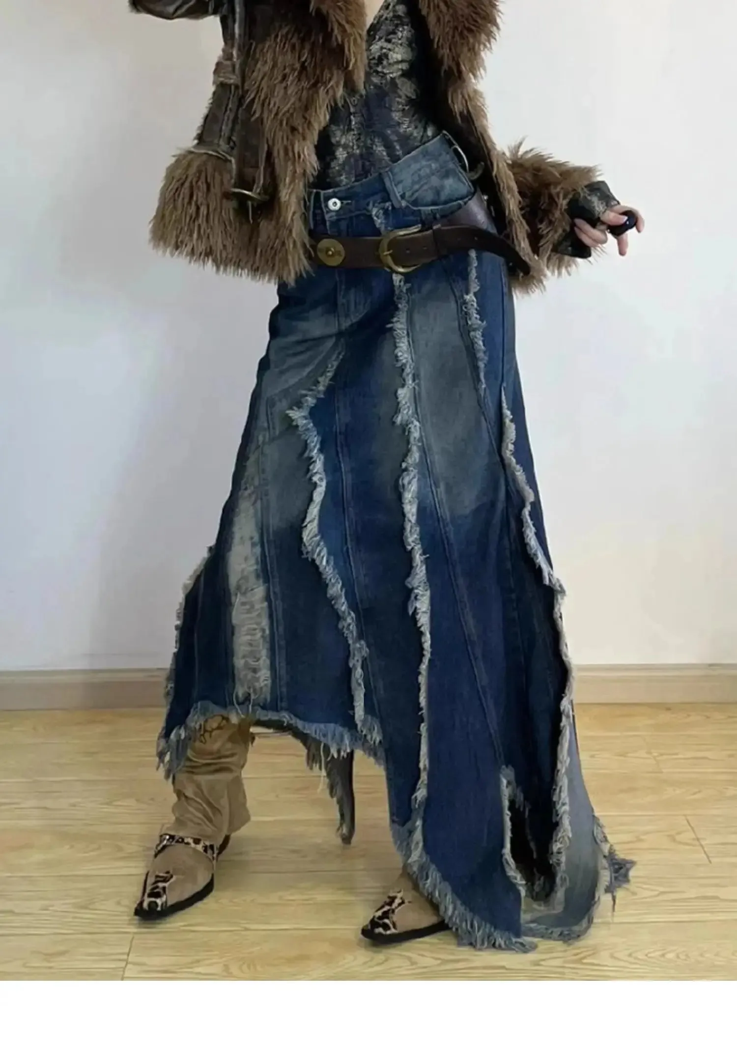Vintage Gradient Distress Seams Denim Skirt