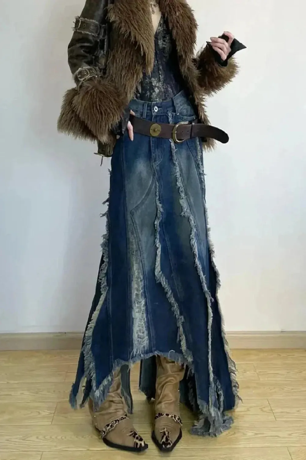 Vintage Gradient Distress Seams Denim Skirt