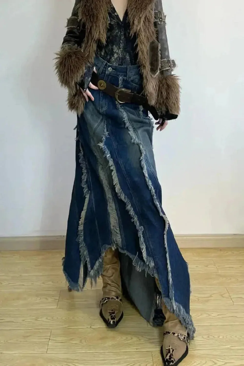 Vintage Gradient Distress Seams Denim Skirt