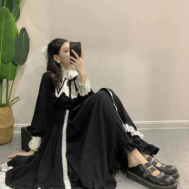 Vintage Sailor Collar Ruffles Lace Black Elegant Dress