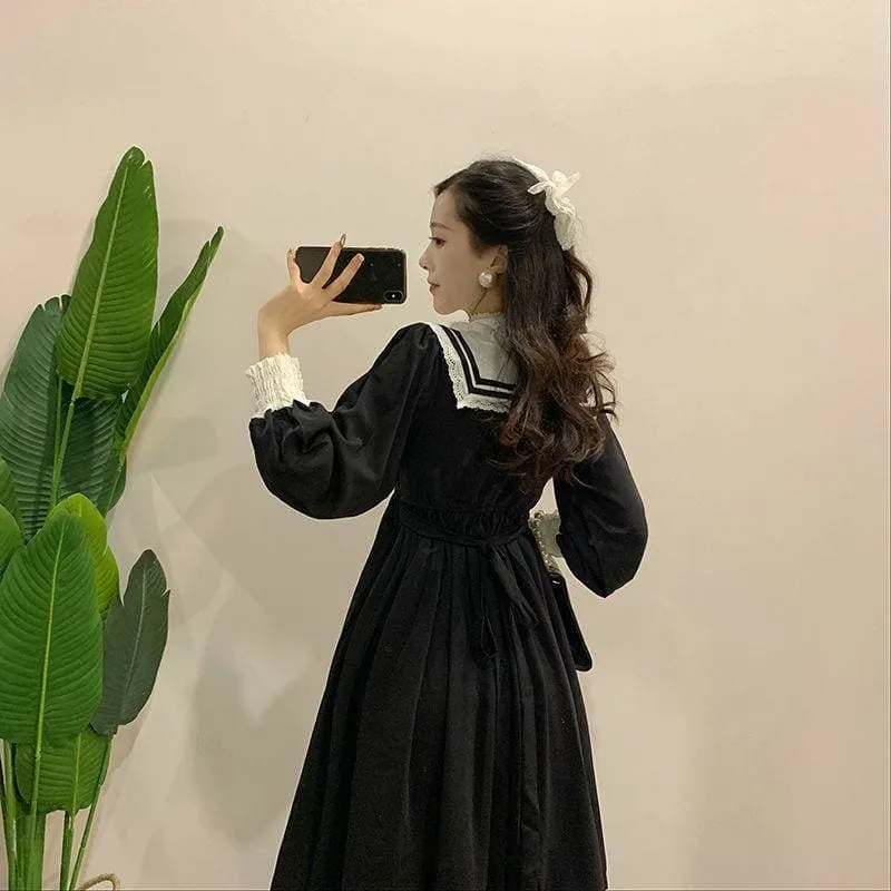 Vintage Sailor Collar Ruffles Lace Black Elegant Dress