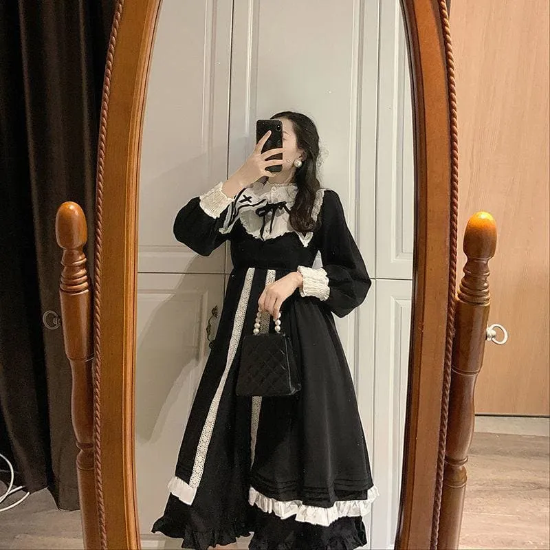 Vintage Sailor Collar Ruffles Lace Black Elegant Dress