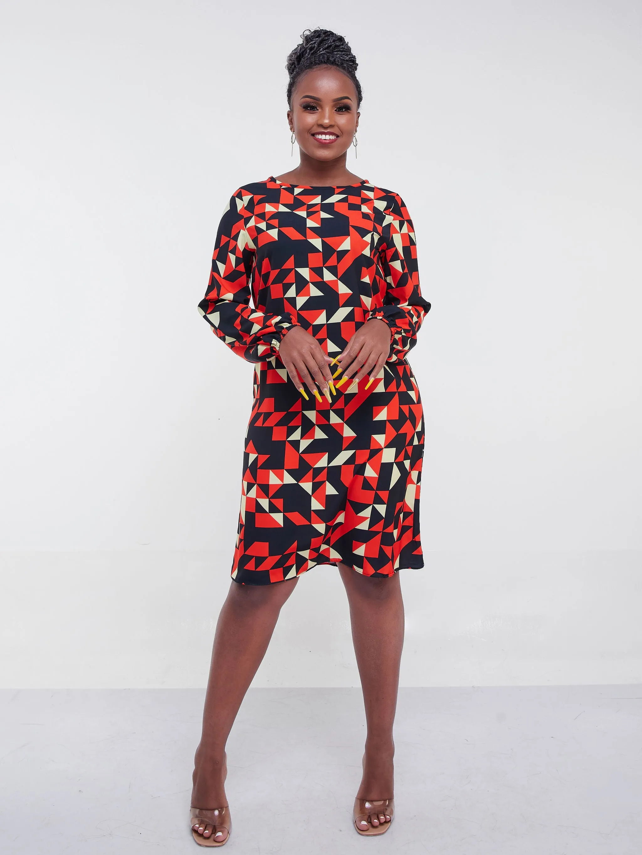 Vivo Jasiri Bishop Sleeve Shift Dress - Red / Black Geometric Print