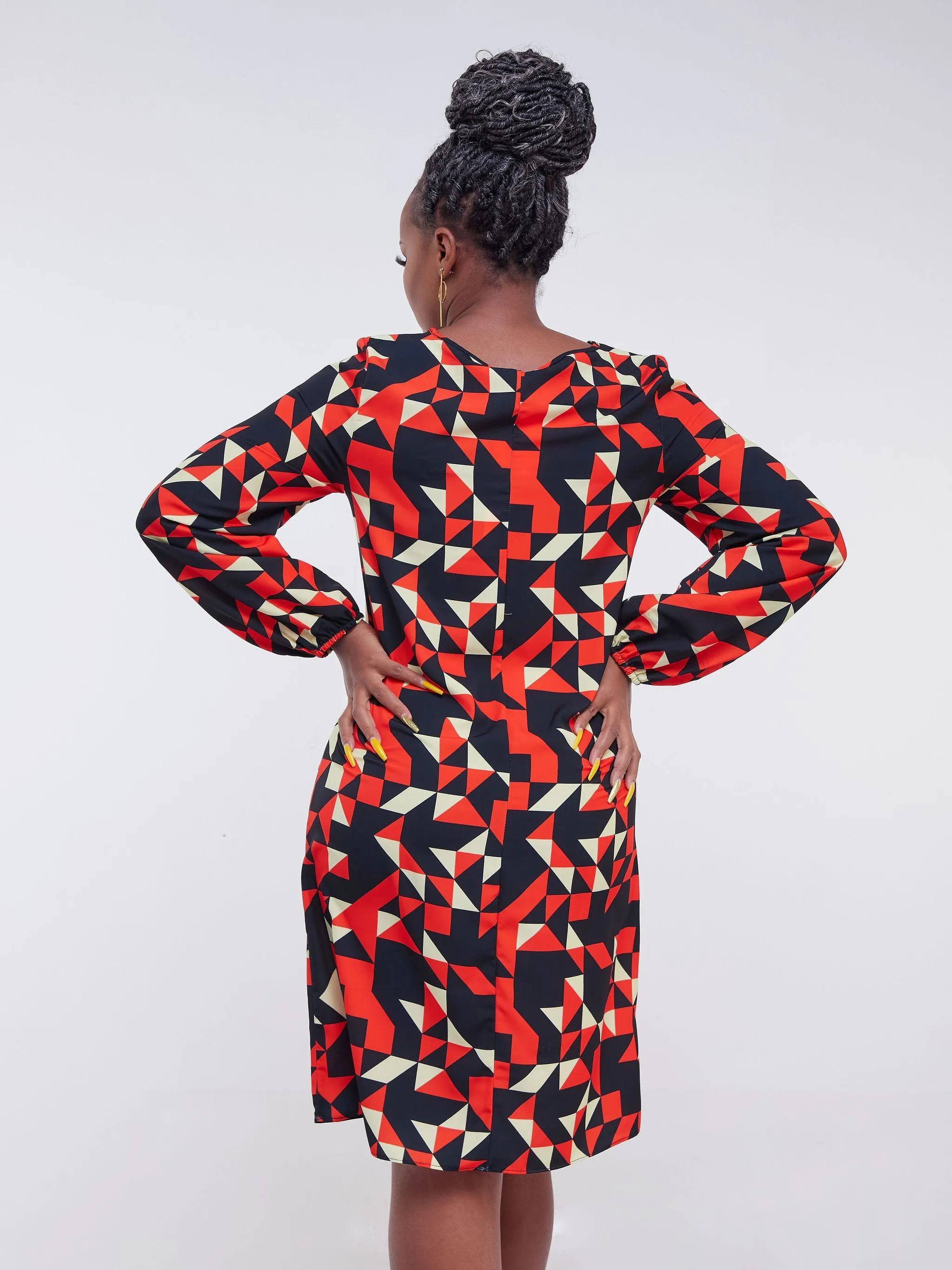 Vivo Jasiri Bishop Sleeve Shift Dress - Red / Black Geometric Print