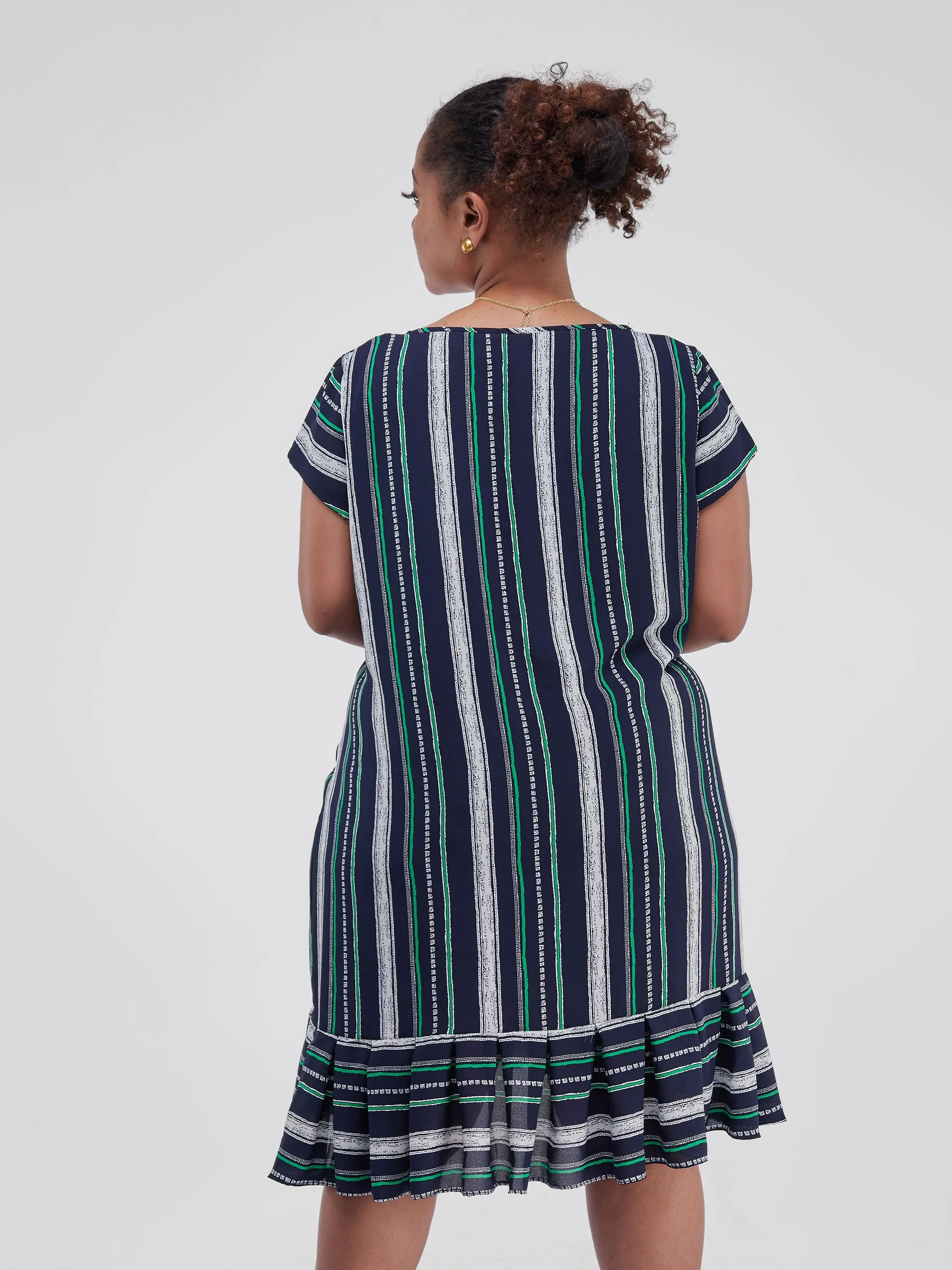 Vivo Zawadi Inverted Pleat Dress - Navy Blue / Green Stripes Print
