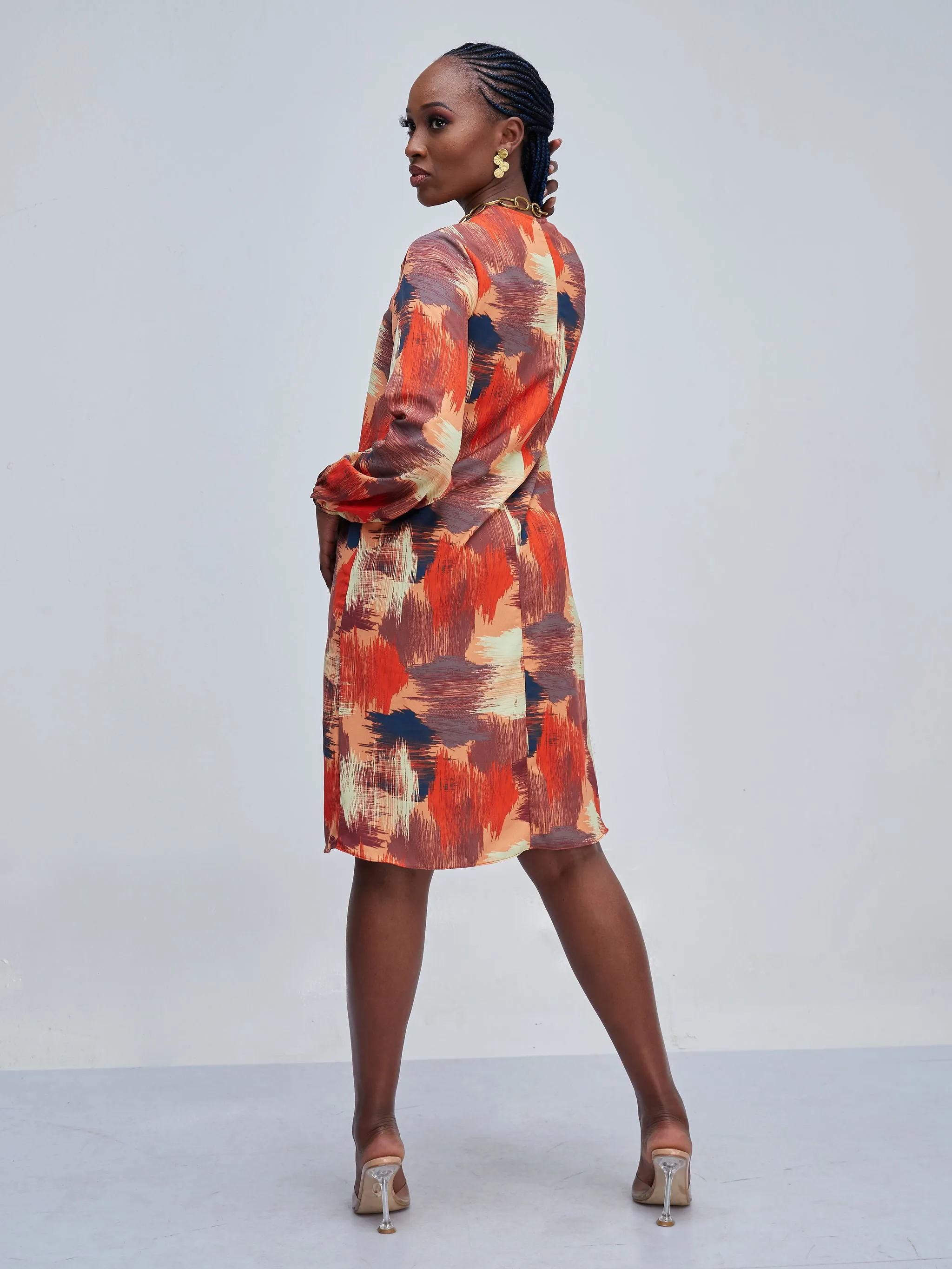 Vivo Zena Bishop Sleeve Built Up Placket Shift Dress - Orange Print