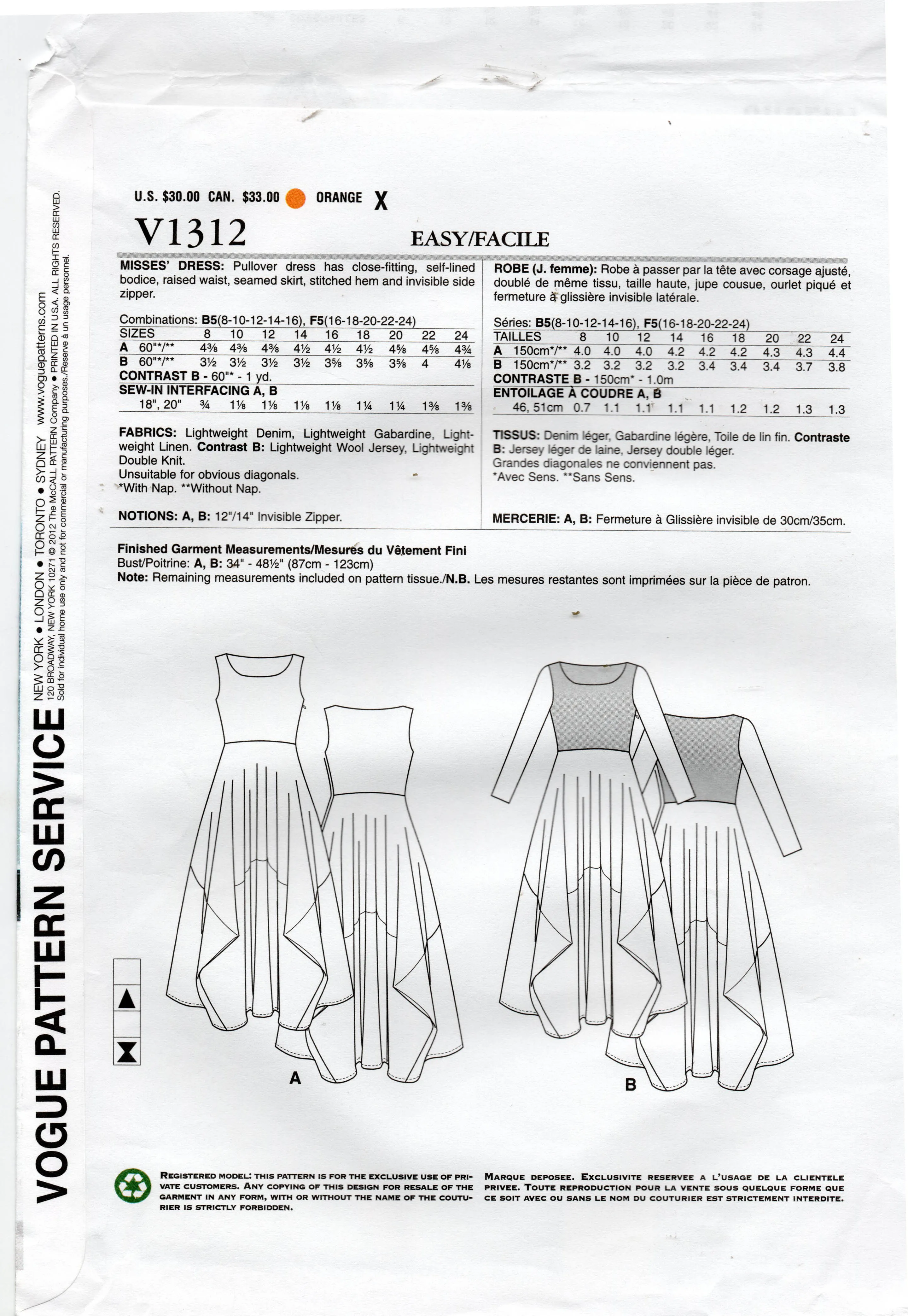 Vogue American Designer V1312 LYNN MIZONO Womens High Waisted Pullover Tent Dress Sewing Pattern Size 8 - 16 UNCUT Factory Folded