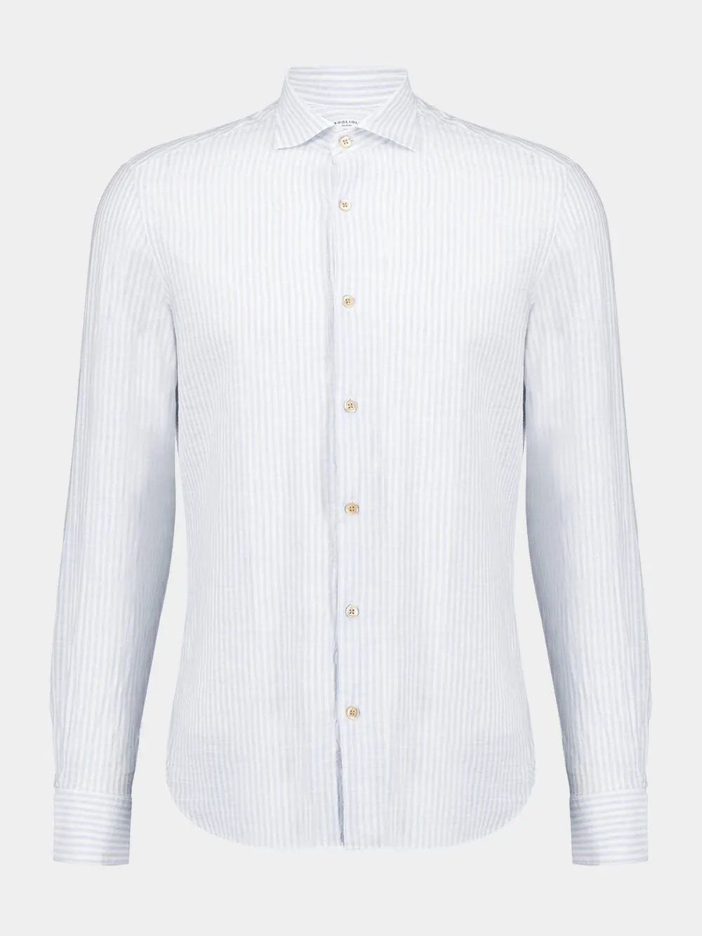 White & Light Blue Striped Cotton-Linen Shirt