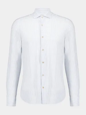 White & Light Blue Striped Cotton-Linen Shirt