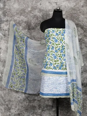 White Blue Green  Hand Block Printed Cotton Suit-Salwar Fabric With Chiffon Dupatta (Set of 3) - SU01HB391