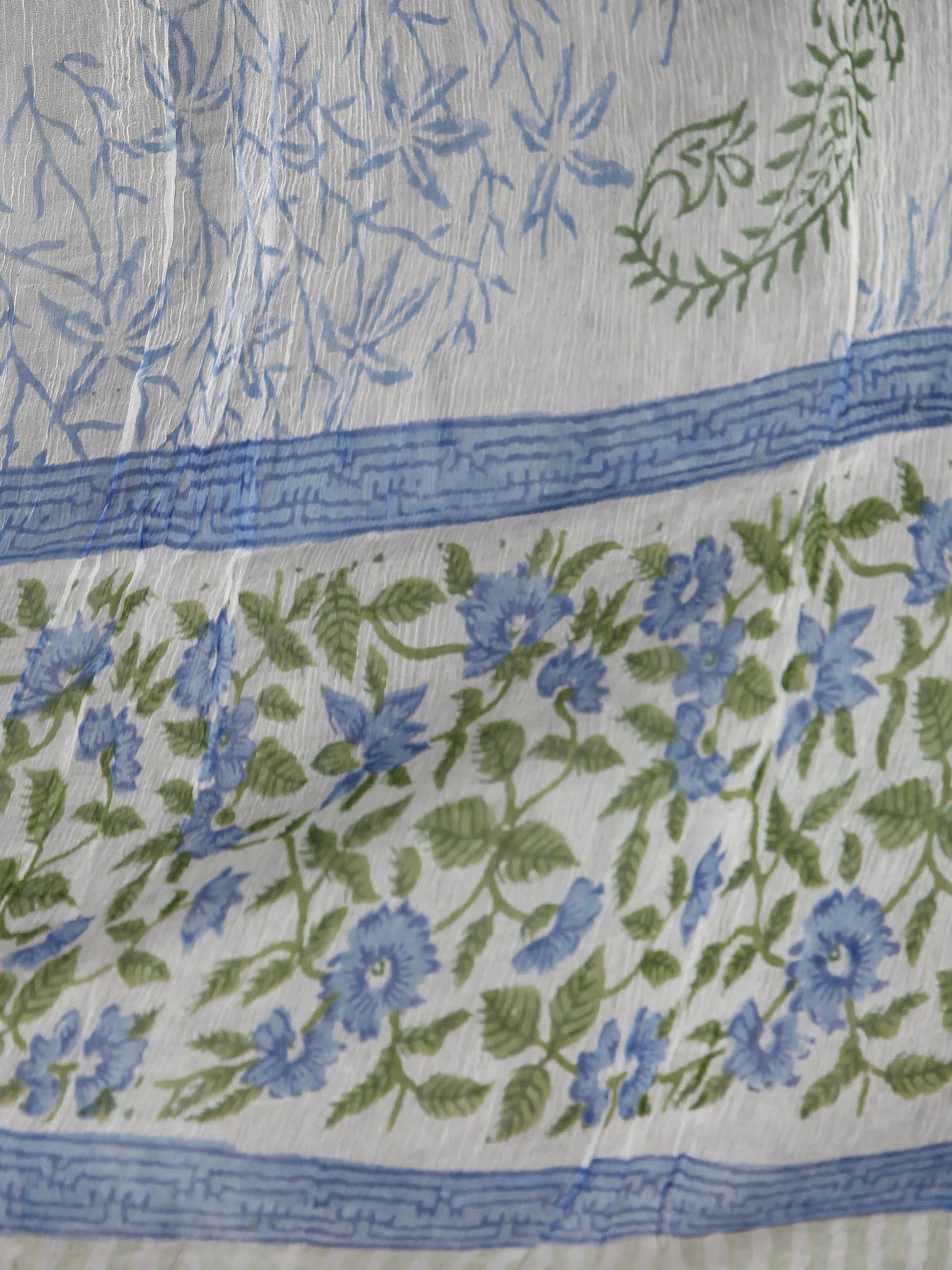 White Blue Green  Hand Block Printed Cotton Suit-Salwar Fabric With Chiffon Dupatta (Set of 3) - SU01HB391