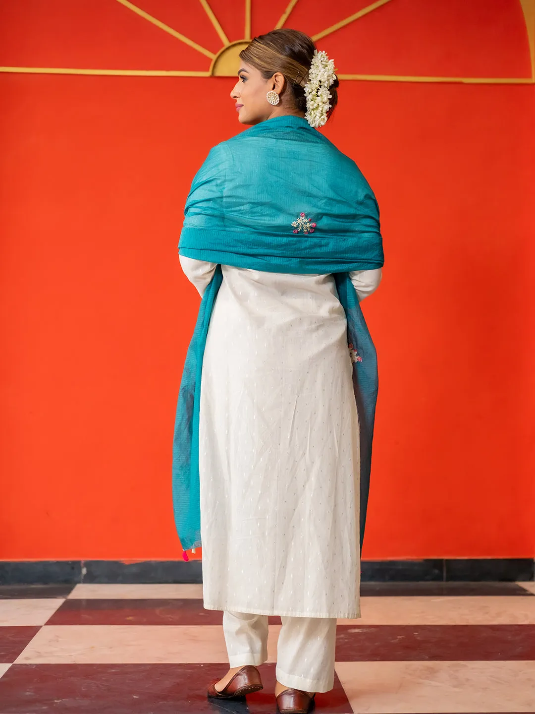 White Cotton Lurex Straight Embroidered Kurta With Palazzo & Dupatta