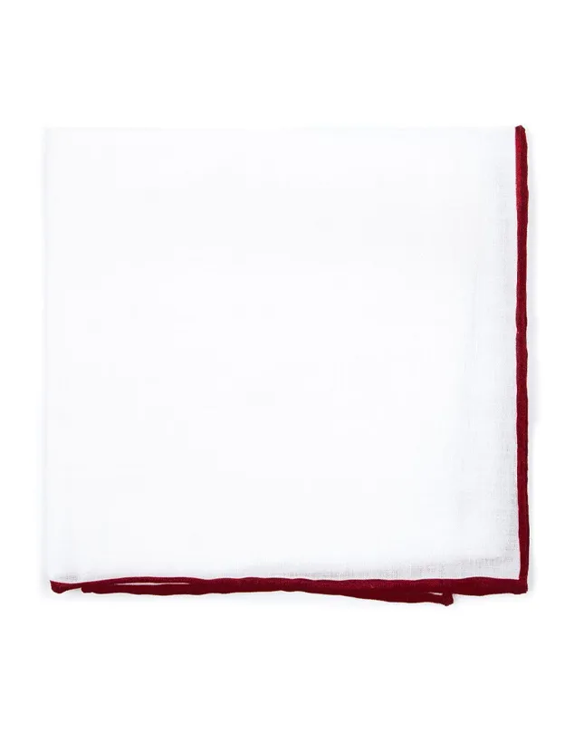 White Linen With Rolled Border Burgundy Pocket Square