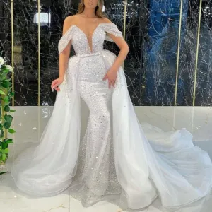 White Luxury Detachable Skirt Evening Dresses Gowns