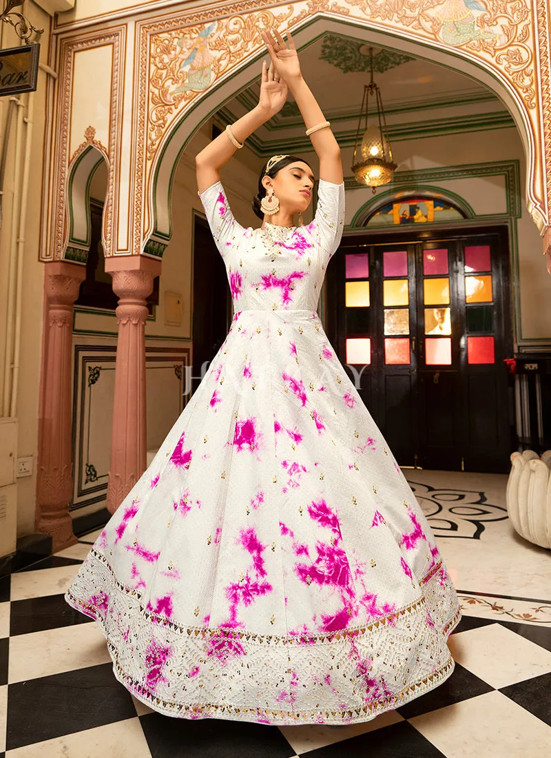White Tie Dye Sequence Embroidery Bollywood Gown