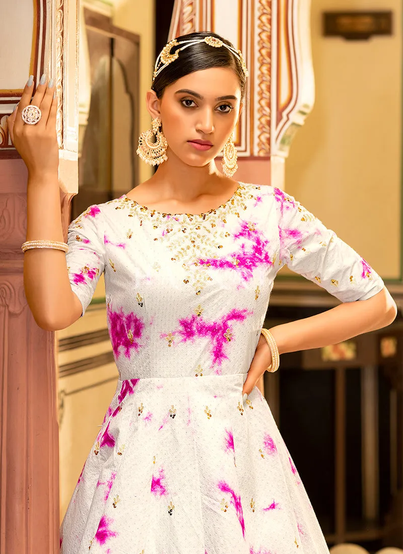 White Tie Dye Sequence Embroidery Bollywood Gown