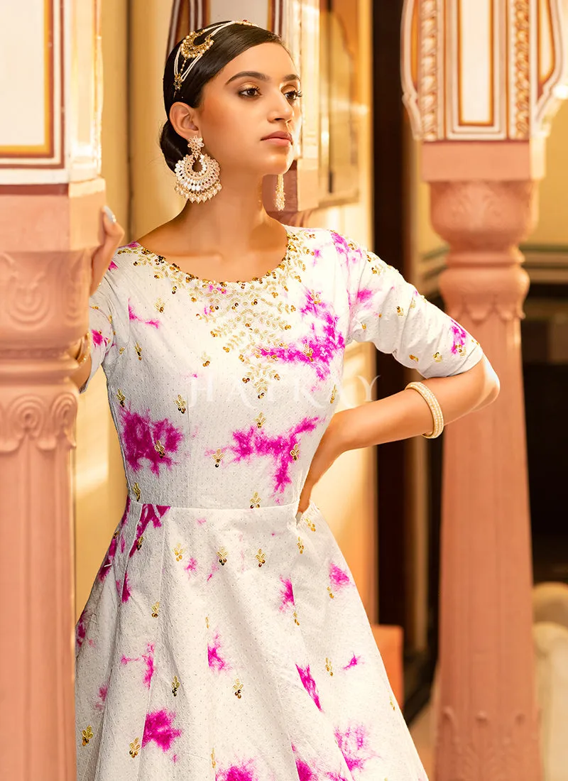 White Tie Dye Sequence Embroidery Bollywood Gown