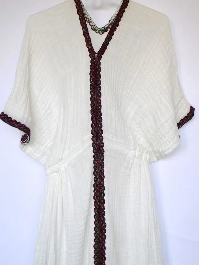 White traditional Ethiopian dress with Green  Red and Gold, cross embroidered motif