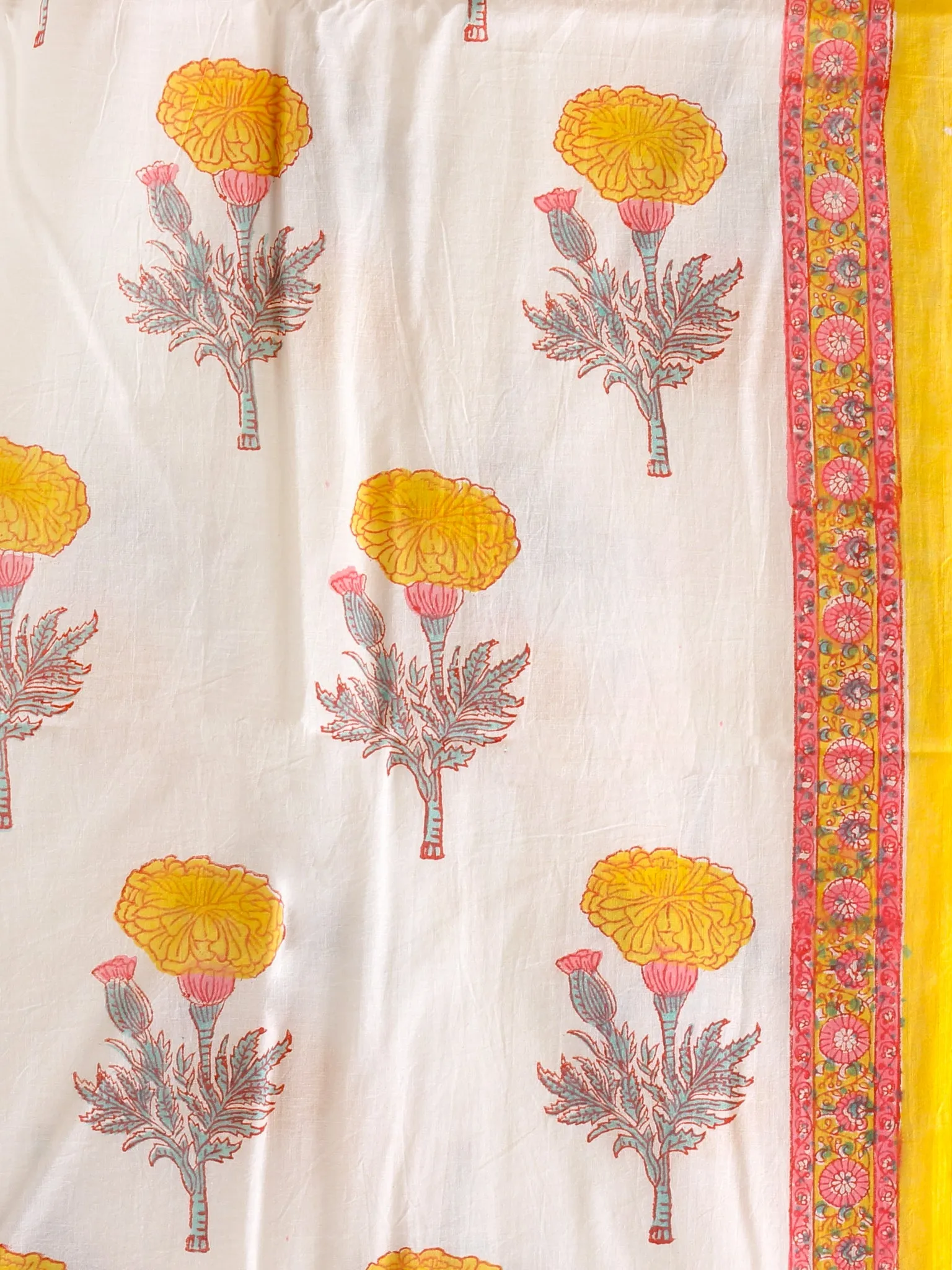White Yellow Coral Hand Block Printed Cotton Suit-Salwar Fabric With Chiffon Dupatta (Set of 3) - SU01HB424