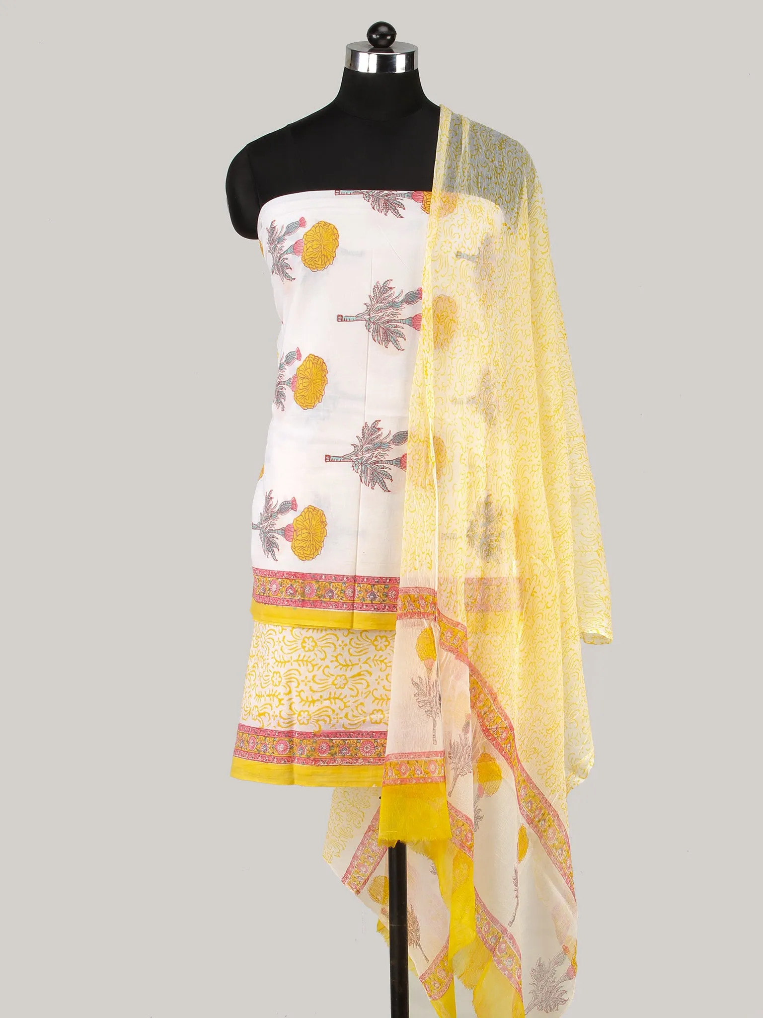White Yellow Coral Hand Block Printed Cotton Suit-Salwar Fabric With Chiffon Dupatta (Set of 3) - SU01HB424